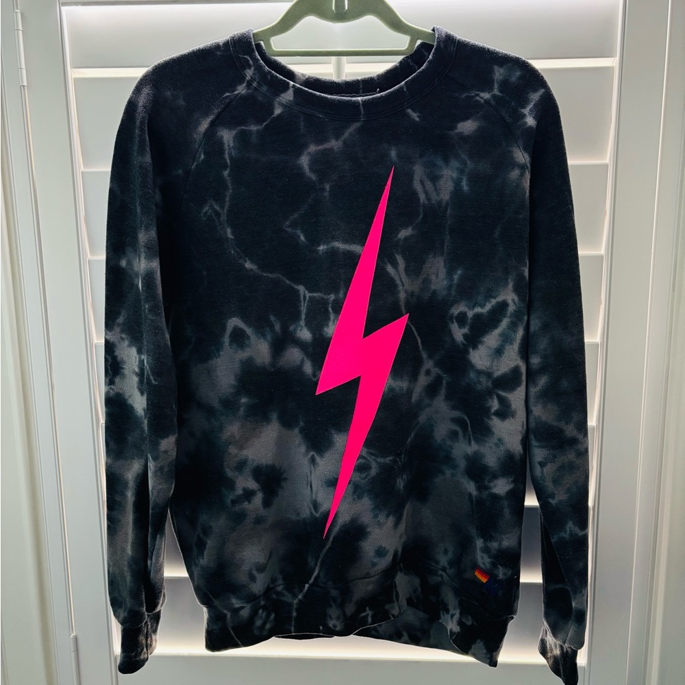 Aviator Nation Black Tie-Dye Sweater with Pink Bolt